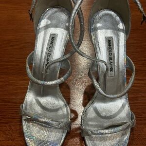 Manolo Blahnik Iridescent Silver Strappy Heels